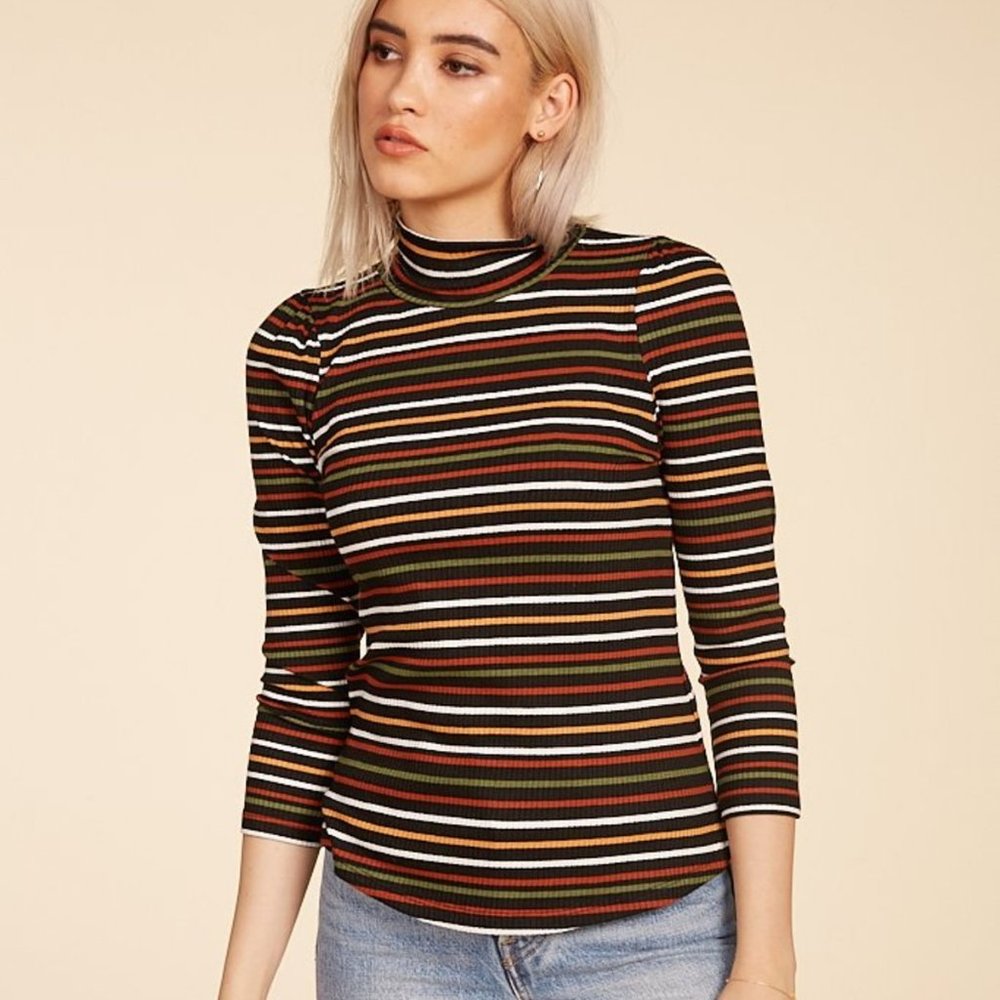 Free People I'm Cute Turtleneck Ribbed Striped Black Large